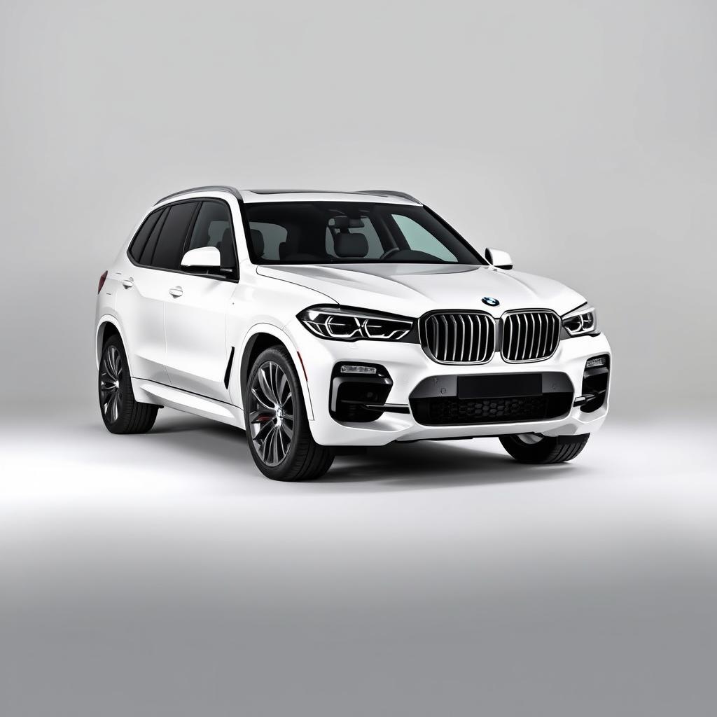 A stunning BMW X5 in a sleek white color, positioned against a soft grey background that allows the car to stand out