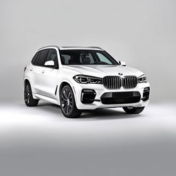 A stunning BMW X5 in a sleek white color, positioned against a soft grey background that allows the car to stand out