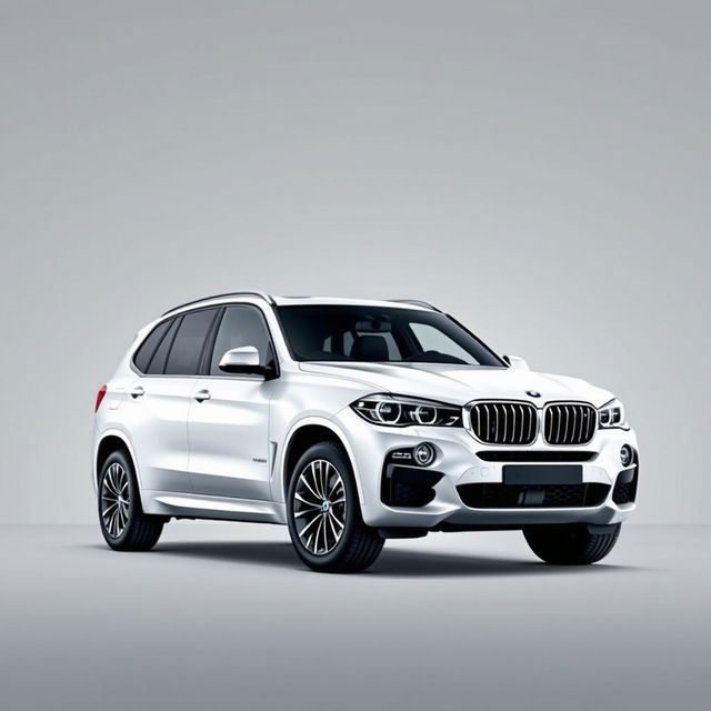 A stunning BMW X5 in a sleek white color, positioned against a soft grey background that allows the car to stand out