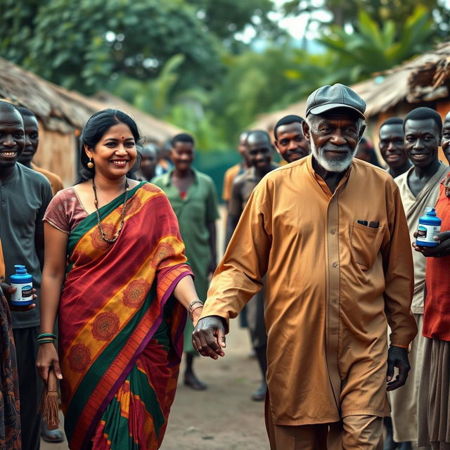 A heartwarming scene featuring an Indian woman walking hand in hand with an elderly African man in a traditional African village