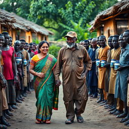 A heartwarming scene featuring an Indian woman walking hand in hand with an elderly African man in a traditional African village