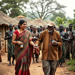 A heartwarming scene featuring an Indian woman walking hand in hand with an elderly African man in a traditional African village