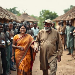 A heartwarming scene featuring an Indian woman walking hand in hand with an elderly African man in a traditional African village