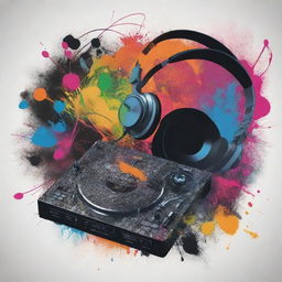 Generate an abstract representation of hip hop beats. Include musically relevant elements such as records, sound waves, graffiti, microphones, and headphones.