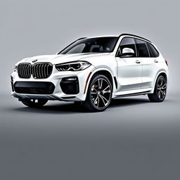 A stunning BMW X5 in a shiny white finish, featuring sleek black wheels that create a striking contrast against the vehicle's exterior