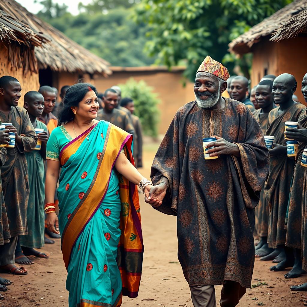 A touching scene featuring an Indian woman holding hands with an elderly African man dressed in traditional attire, walking together through a cozy African village