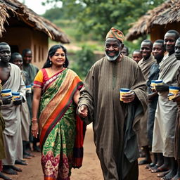 A touching scene featuring an Indian woman holding hands with an elderly African man dressed in traditional attire, walking together through a cozy African village