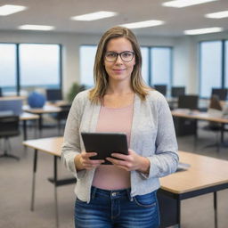 A 21st century female teacher in her 20's, head to toe, holding a tablet and standing in a modern classroom filled with computers, projectors and other latest teaching tools.