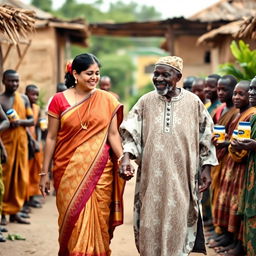 A touching scene featuring an Indian woman holding hands with an elderly African man dressed in traditional attire, walking together through a cozy African village