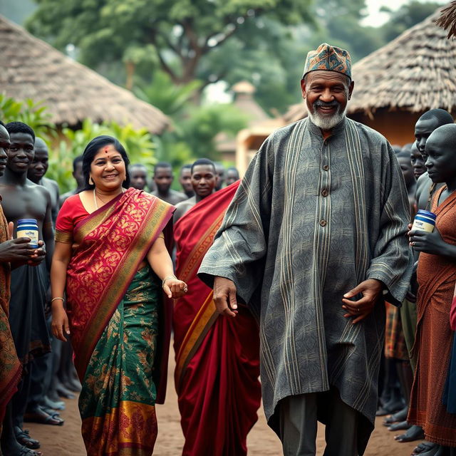 A touching scene featuring an Indian woman holding hands with an elderly African man dressed in traditional attire, walking together through a cozy African village