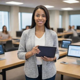 A 21st century female teacher in her 20's, head to toe, holding a tablet and standing in a modern classroom filled with computers, projectors and other latest teaching tools.