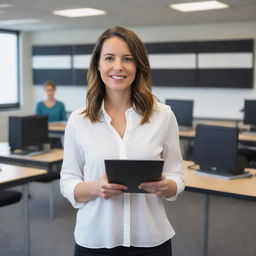 A 21st century female teacher in her 20's, head to toe, holding a tablet and standing in a modern classroom filled with computers, projectors and other latest teaching tools.