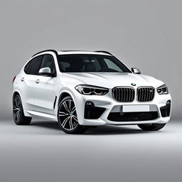 An impressive BMW XM in a luxurious white finish, set against a minimalist grey background