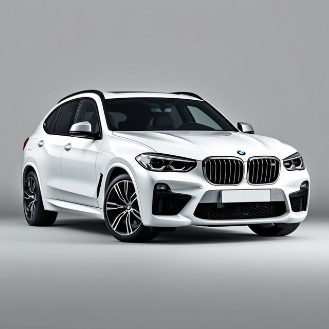 An impressive BMW XM in a luxurious white finish, set against a minimalist grey background