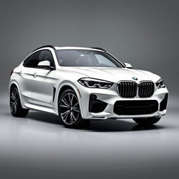 An impressive BMW XM in a luxurious white finish, set against a minimalist grey background