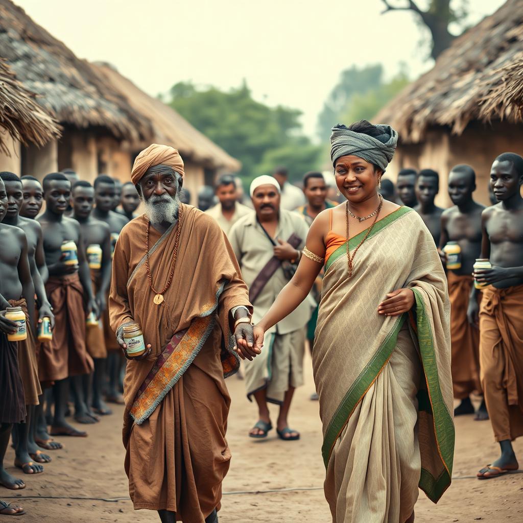 A captivating scene showcasing a beautiful tall dusky young Indian woman gracefully holding hands with an elderly African man dressed in traditional attire, walking together through a vibrant African village