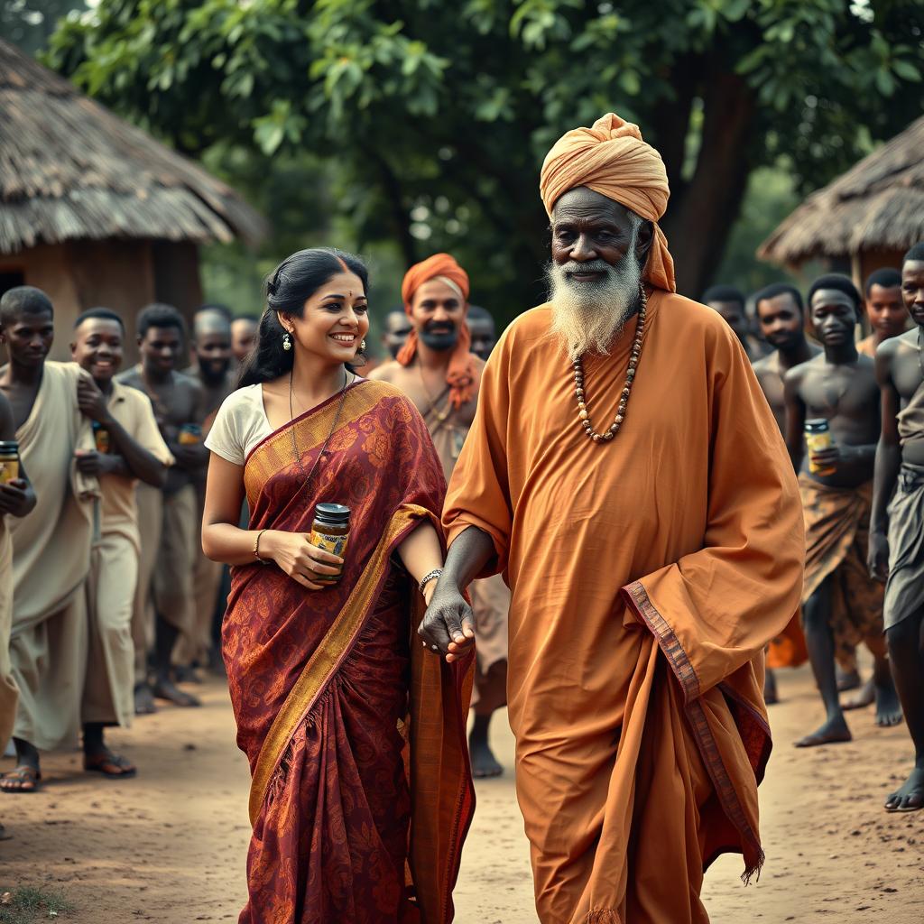 A captivating scene showcasing a beautiful tall dusky young Indian woman gracefully holding hands with an elderly African man dressed in traditional attire, walking together through a vibrant African village