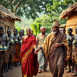 A captivating scene showcasing a beautiful tall dusky young Indian woman gracefully holding hands with an elderly African man dressed in traditional attire, walking together through a vibrant African village