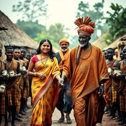 A captivating scene showcasing a beautiful tall dusky young Indian woman gracefully holding hands with an elderly African man dressed in traditional attire, walking together through a vibrant African village