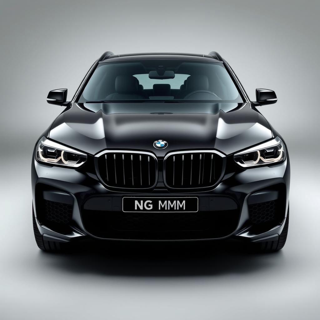 A striking BMW XM in a deep black finish, set against a subtle grey background