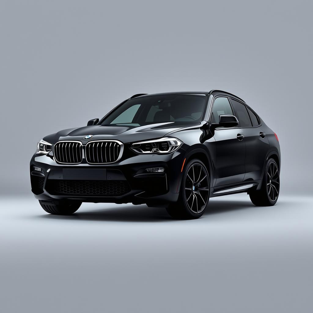 A striking BMW XM in a deep black finish, set against a subtle grey background