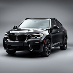 A striking BMW XM in a deep black finish, set against a subtle grey background