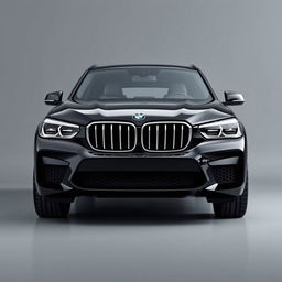 A striking BMW XM in a deep black finish, set against a subtle grey background