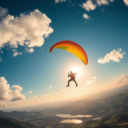 A captivating scene depicting a skilled paraglider soaring high in the sky, with fluffy white clouds and a bright blue atmosphere