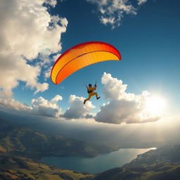 A captivating scene depicting a skilled paraglider soaring high in the sky, with fluffy white clouds and a bright blue atmosphere