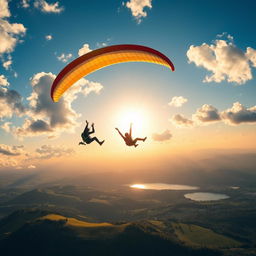 A captivating scene depicting a skilled paraglider soaring high in the sky, with fluffy white clouds and a bright blue atmosphere