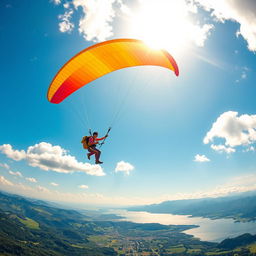 A captivating scene depicting a skilled paraglider soaring high in the sky, with fluffy white clouds and a bright blue atmosphere