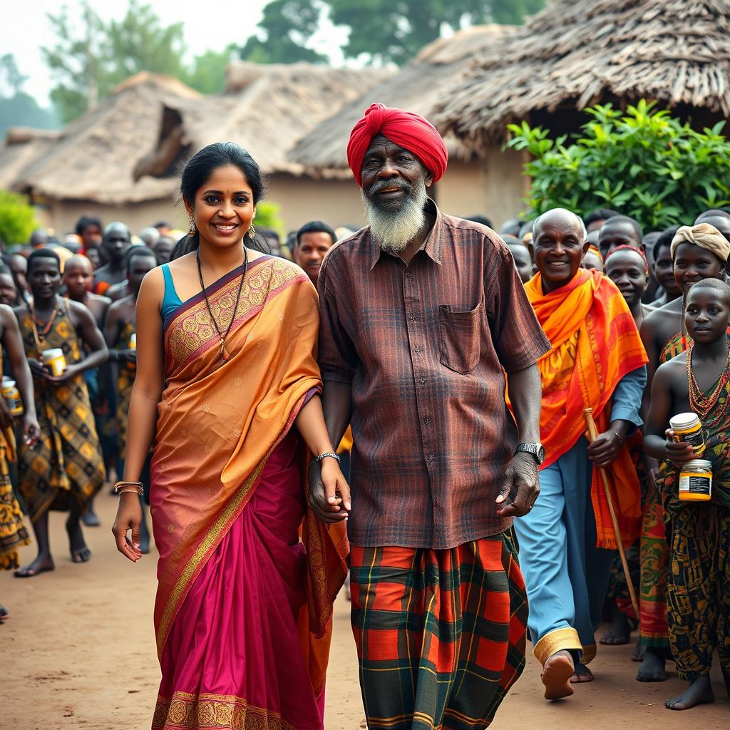 A stunning scene showcasing a beautiful tall dusky young East Indian woman holding hands with an elderly African man dressed in traditional attire, as they stroll through a vibrant African village