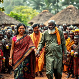 A stunning scene showcasing a beautiful tall dusky young East Indian woman holding hands with an elderly African man dressed in traditional attire, as they stroll through a vibrant African village