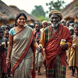 A stunning scene showcasing a beautiful tall dusky young East Indian woman holding hands with an elderly African man dressed in traditional attire, as they stroll through a vibrant African village