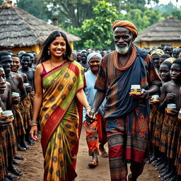 A stunning scene showcasing a beautiful tall dusky young East Indian woman holding hands with an elderly African man dressed in traditional attire, as they stroll through a vibrant African village