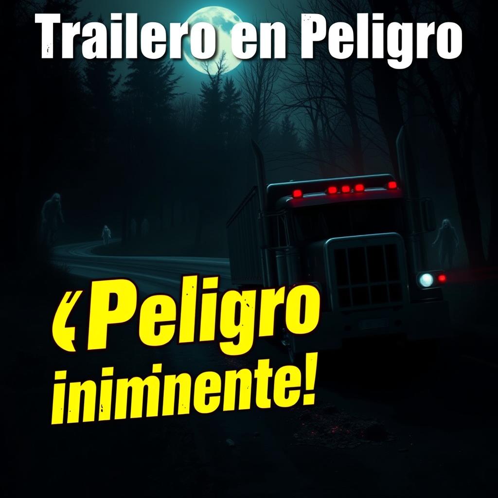 A full-screen captivating thumbnail for a YouTube video titled 'Trailero en Peligro | Historias de TERROR que NO Creerás'