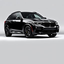 A striking BMW XM in a deep black finish, equipped with sleek black wheels, positioned against a smooth grey background