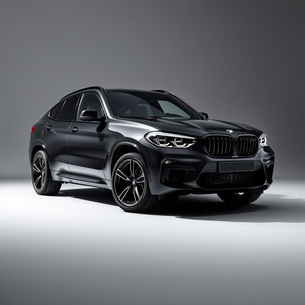 A striking BMW XM in a deep black finish, equipped with sleek black wheels, positioned against a smooth grey background