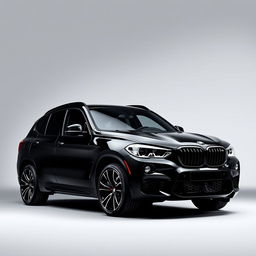 A striking BMW XM in a deep black finish, equipped with sleek black wheels, positioned against a smooth grey background