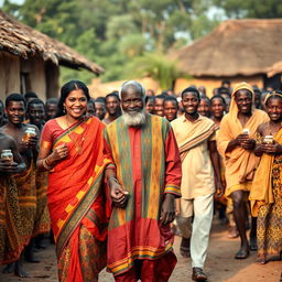 A stunning scene featuring a very tall, beautiful dusky young East Indian woman walking hand in hand with an elderly African man dressed in vibrant traditional attire, as they stroll through a picturesque African village