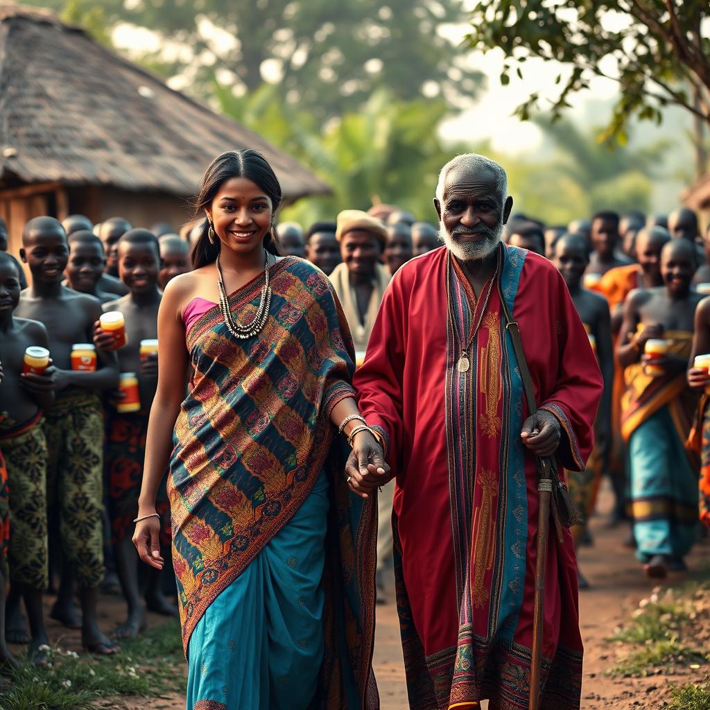 A stunning scene featuring a very tall, beautiful dusky young East Indian woman walking hand in hand with an elderly African man dressed in vibrant traditional attire, as they stroll through a picturesque African village