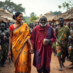 A stunning scene featuring a very tall, beautiful dusky young East Indian woman walking hand in hand with an elderly African man dressed in vibrant traditional attire, as they stroll through a picturesque African village