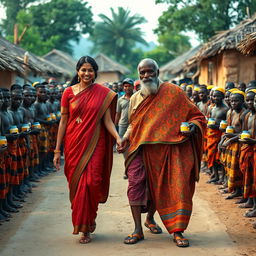 A stunning scene featuring a very tall, beautiful dusky young East Indian woman walking hand in hand with an elderly African man dressed in vibrant traditional attire, as they stroll through a picturesque African village