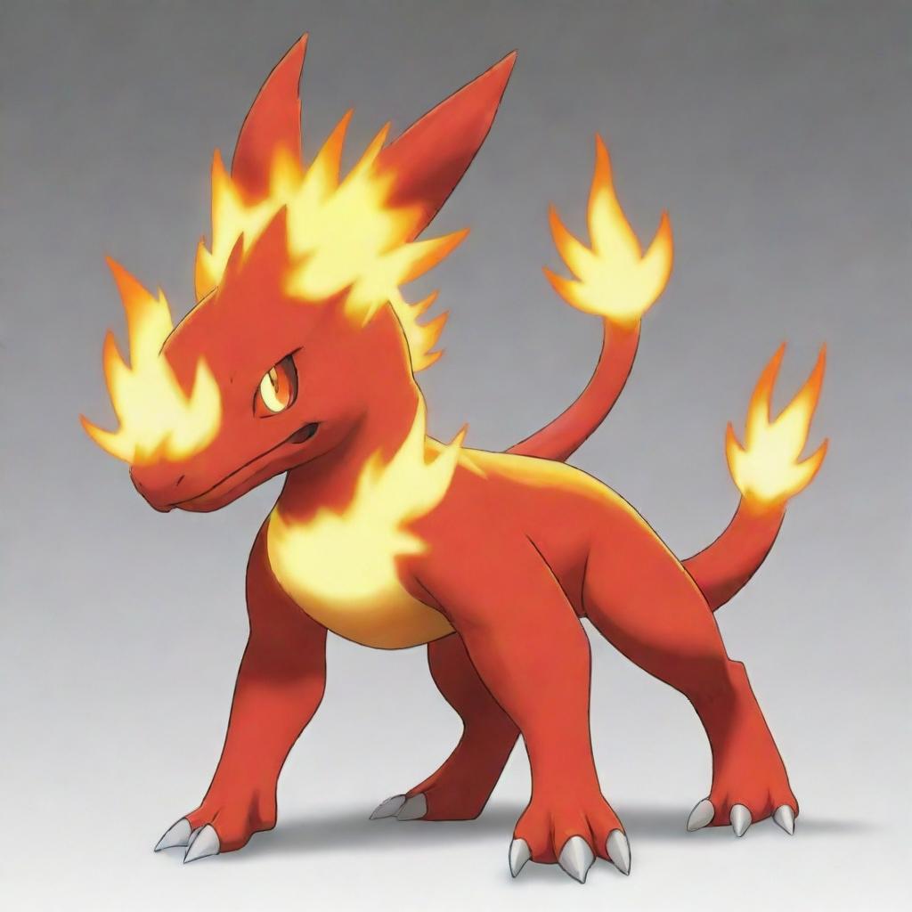 A made up Fire-type Pokemon, or 'Fakemon', with distinct flame-themed attributes and unique, fire-infused attack animations.