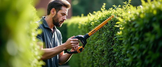 A man inspecting a neatly trimmed hedge, holding a golden and black hedge trimmer labeled 'PROG'