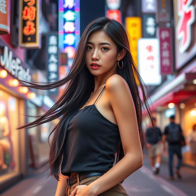 A stunning young Japanese woman with beautiful features, dressed in stylish and trendy fashion, showcasing a confident pose in a vibrant urban setting