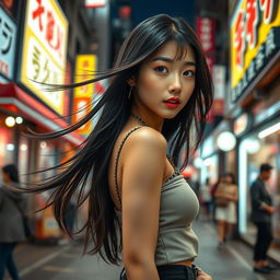 A stunning young Japanese woman with beautiful features, dressed in stylish and trendy fashion, showcasing a confident pose in a vibrant urban setting