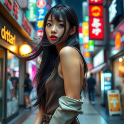 A stunning young Japanese woman with beautiful features, dressed in stylish and trendy fashion, showcasing a confident pose in a vibrant urban setting