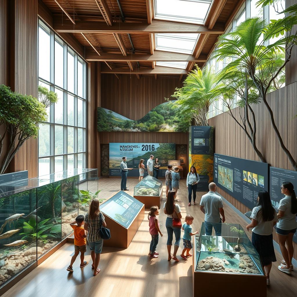 A stunning interior of a mangroves museum, showcasing exhibits about mangrove ecosystems and their importance