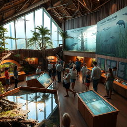 A stunning interior of a mangroves museum, showcasing exhibits about mangrove ecosystems and their importance